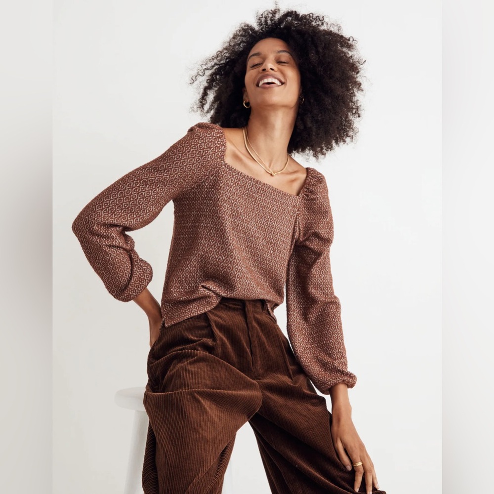NWT Madewell Jacquard Puff Sleeve Top Dark Merlot Medium BOHO Fall NG583